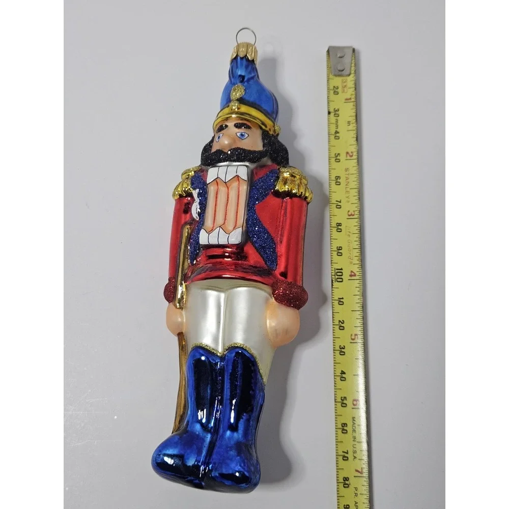 Blown Glass Nutcracker Soldier Christmas Tree Ornament Red Blue Gold Glitter 7